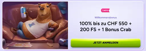 Willkommensbonus SpinBara SpinBara Casino Willkommensbonus Banner mit Bär auf Sofa
