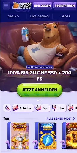 SpinBara Mobile Casino Startseite SpinBara Casino Mobile Ansicht mit Willkommensbonus und Slots